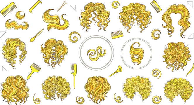 Blonde Curly Hairstyles Collection with Different Hair Styles, Ringlets and Waves with Comb and Hairdresser Tools for Beauty Salon Vector Illustration