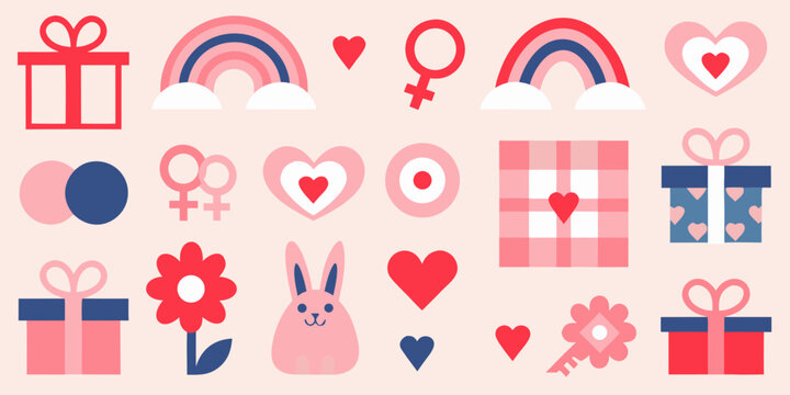 Colorful illustration featuring feminist symbols gifts and heart motifs