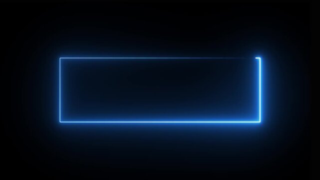 Glowing blue neon rectangle with sharp corner extension on dark background digital neon effect