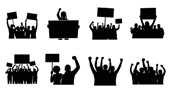 Silhouette Protestors with Signs, Activism, Black and White, Vector Art