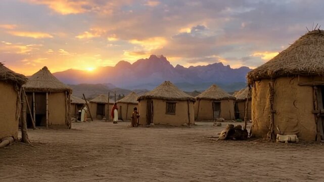African village man sitting outside hut at sunset with mountains