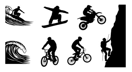 Black and white vector illustration of extreme sports silhouettes