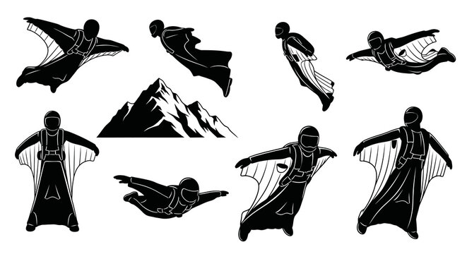 Black and white vector icons of wingsuit divers in various poses