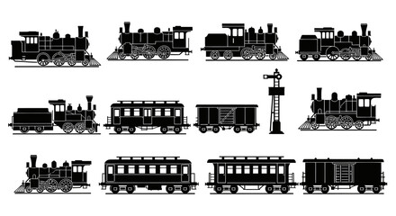 Obraz premium Vintage Steam Train Collection, Black and White Silhouette Icons