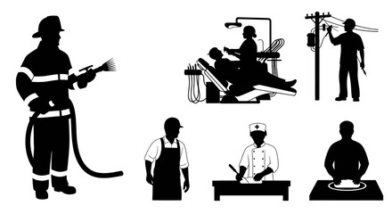 Black Silhouette Icons of Professions: Firefighter, Dentist, Electrician, Chef, Butcher