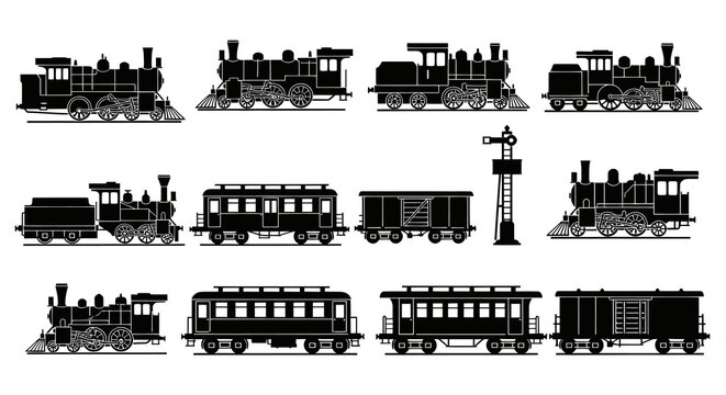 Vintage Steam Train Collection, Black and White Silhouette Icons