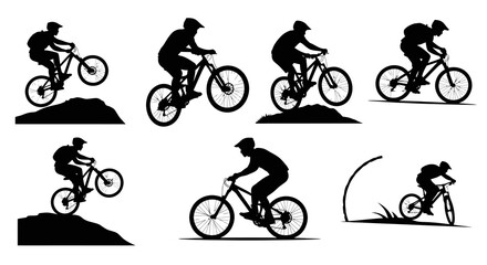 Obraz premium Silhouette Mountain Bikers Performing Tricks on Rough Terrain - Vector Art