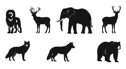 Fototapeta premium Black White Silhouette Vector Icons of Wild Animals