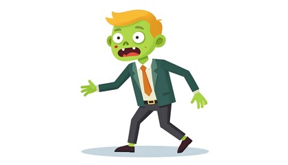 Obraz premium Cartoon green zombie in business attire, walking, eyes wide with fear, on a white backdrop