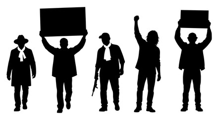 Obraz premium Silhouette of protestors with signs and rifle, protest concept, black and white