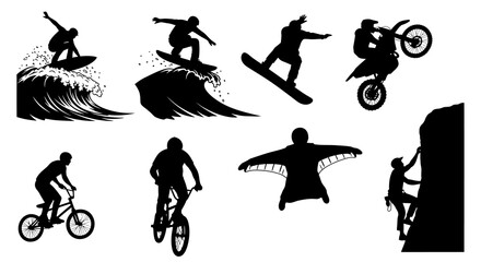 Naklejka premium Black and White Silhouettes of Extreme Sports Athletes and Activities