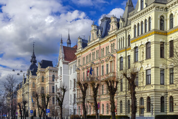 General view of beautiful houses and historic architecture on Elizabetes street in Riga, Latvia....