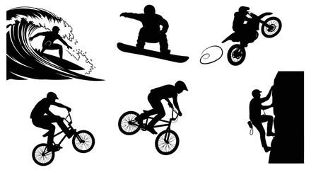 Naklejka premium Black White Silhouettes: Extreme Sports - Surfing, Snowboarding, BMX, Motorcross, Rock Climbing