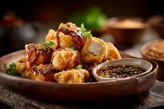 A plate of Bandung batagor with crispy fried dumplings and tofu, drizzled with rich peanut sauce and sweet soy sauce.
