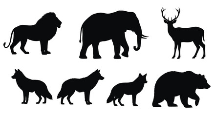 Fototapeta premium Black silhouette animal icons: lion, elephant, deer, wolf, bear