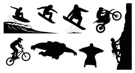 Naklejka premium Extreme Sports Silhouettes: Surfing, Snowboarding, BMX, MotoX, Climbing, Wingsuit