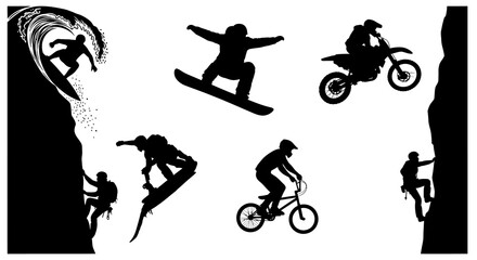 Naklejka premium Extreme Sports Silhouettes: Surfing, Snowboarding, BMX, Motocross, Climbing