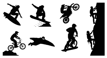 Naklejka premium Black White Silhouette of Extreme Sports Athletes in Action