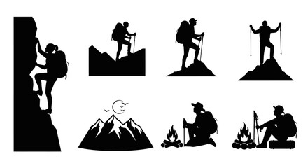 Fototapeta premium Black White Silhouette Icons of Hikers and Mountains, Outdoor Adventure Style