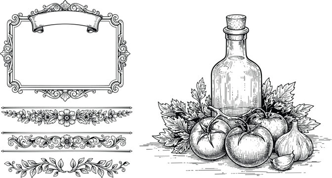 Vintage culinary illustration set with fresh tomatoes garlic olive oil and decorative floral frames for organic food branding.