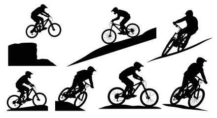 Obraz premium Black White Silhouette of Mountain Bikers in Various Poses