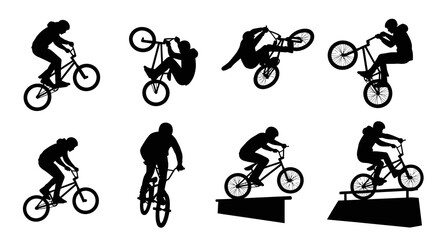 Naklejka premium Black White Silhouette BMX Freestyle Bicycle Tricks Set