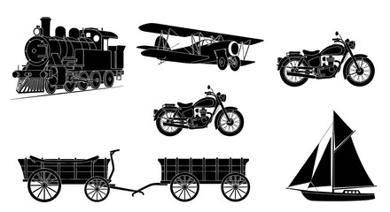 Obraz premium Vintage Transportation Collection: Train, Plane, Motorcycles, Cart, Sailboat - Black and White Line Art