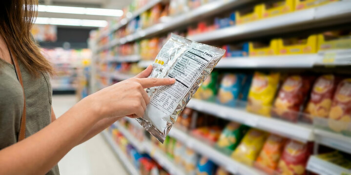 While shopping for snacks in the afternoon, a person takes a moment to carefully examine the nutrition facts on a food package in the grocery store aisle