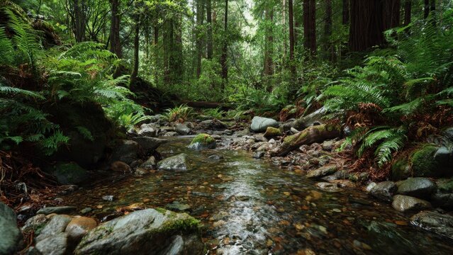 Stream Flowing Through Redwood Forest