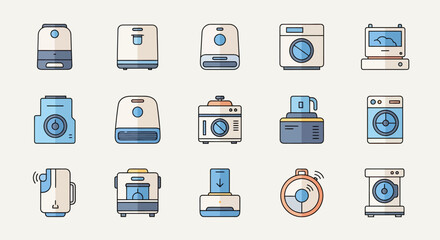 Fototapeta premium Flat icons of various home appliances, including washers, dryers, and old computers