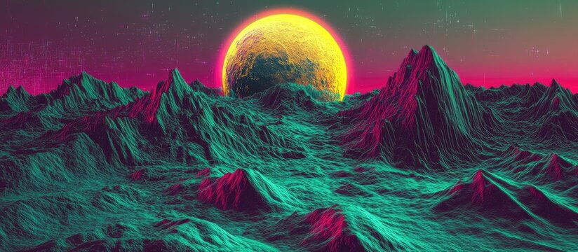 Glowing Sun Over a Neon-Threaded Landscape of Magenta and Cyan Peaks