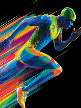 A vibrant, stylized illustration of a young man running, featuring dynamic, colorful geometric streaks and a high-contrast dark background that emphasizes speed and energy.