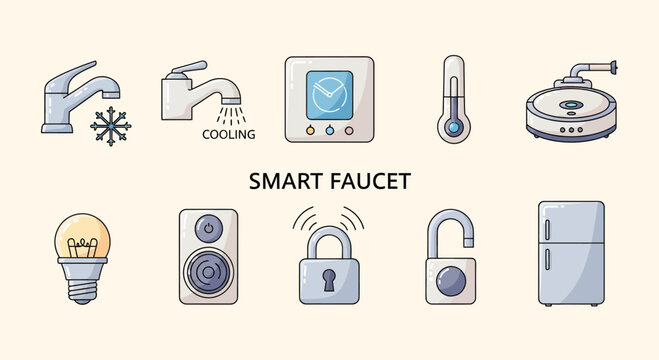 An illustration of various smart home devices, including faucets and appliances