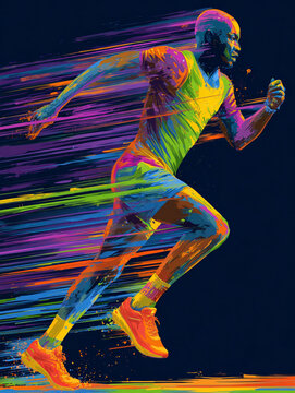 A vibrant, stylized illustration of a young man running, featuring dynamic, colorful geometric streaks and a high-contrast dark background that emphasizes speed and energy.