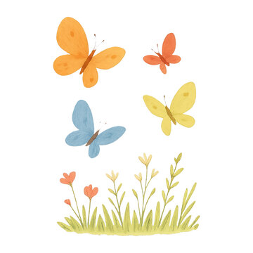 PNG Colorful butterflies flutter above flowers.