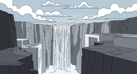 A vast waterfall cascades between sheer cliffs with modern structures on the edges © NAFAS KUDA