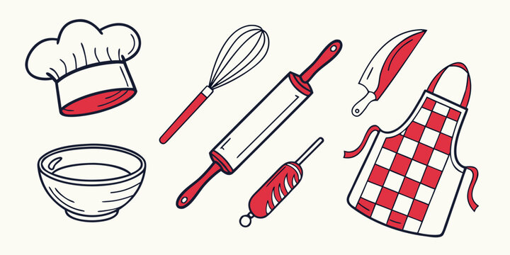 a collection of kitchen utensils and chef's hat Vector