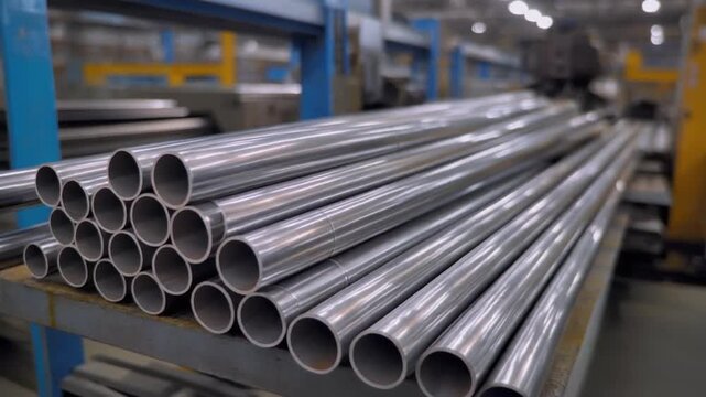 Metal pipes stacked on industrial shelving in a warehouse with manufacturing equipment