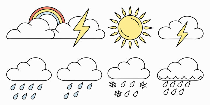 a set of weather icons including sun, rainbow, lightning, and various cloud types Vector