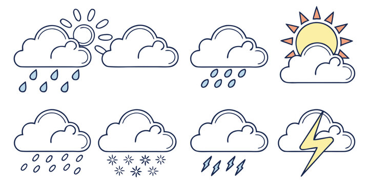 a set of weather icons including sun and various cloud types with rain and lightning Vector