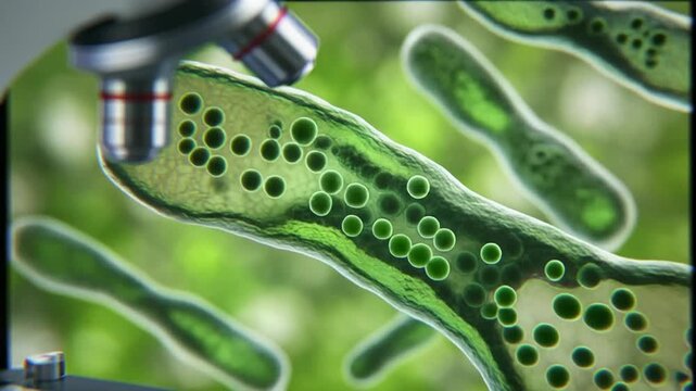 Microscope zooms on green algae cells with holes in a lab setting for scientific research