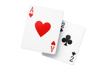 Obraz premium Two playing cards, an Ace of Hearts and a Two of Clubs, overlapping on a clean white background, perfect for casino, poker, or game design concepts.