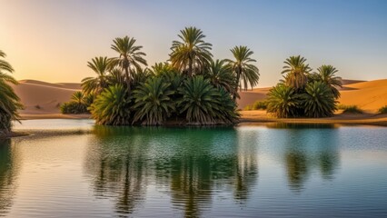 Obraz premium Oasis with palm trees in desert landscape at sunrise reflecting in calm water tranquil nature scenic view