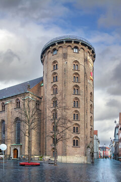 The Round Tower and Trinitatis Church in Copenhagen, Denmark. Historic 17th-century architectural landmark with no people