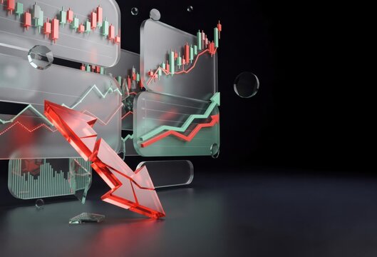 Dynamic representation of financial market trends showcasing fluctuating graphs with sharp downward red arrow symbolizing economic decline captured in a minimalist digital aesthetic
