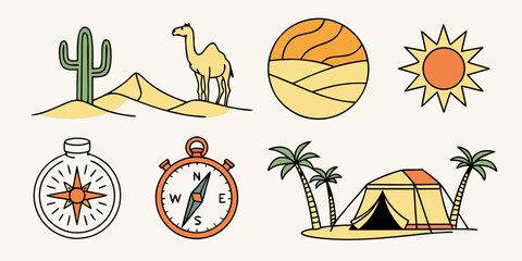desert travel icons with a compass and tent Vector © rabby