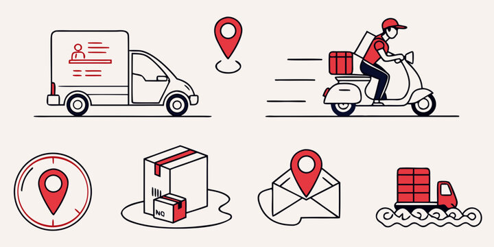delivery icons with truck scooter package and map Vector