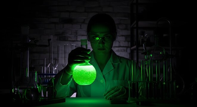 Female chemist holding glowing green chemical flask in a dark experimental research laboratory
