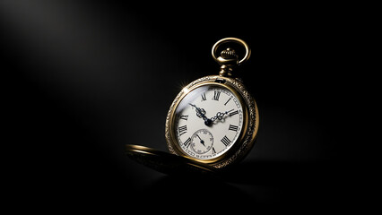 Pocket Watch with Open Golden Cover Displaying Roman Numerals on a Dark Luxurious Background with Elegant Lighting