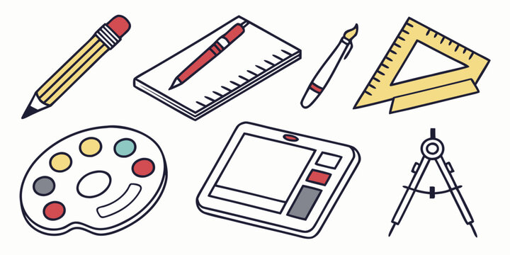 a collection of school supplies and art tools Vector